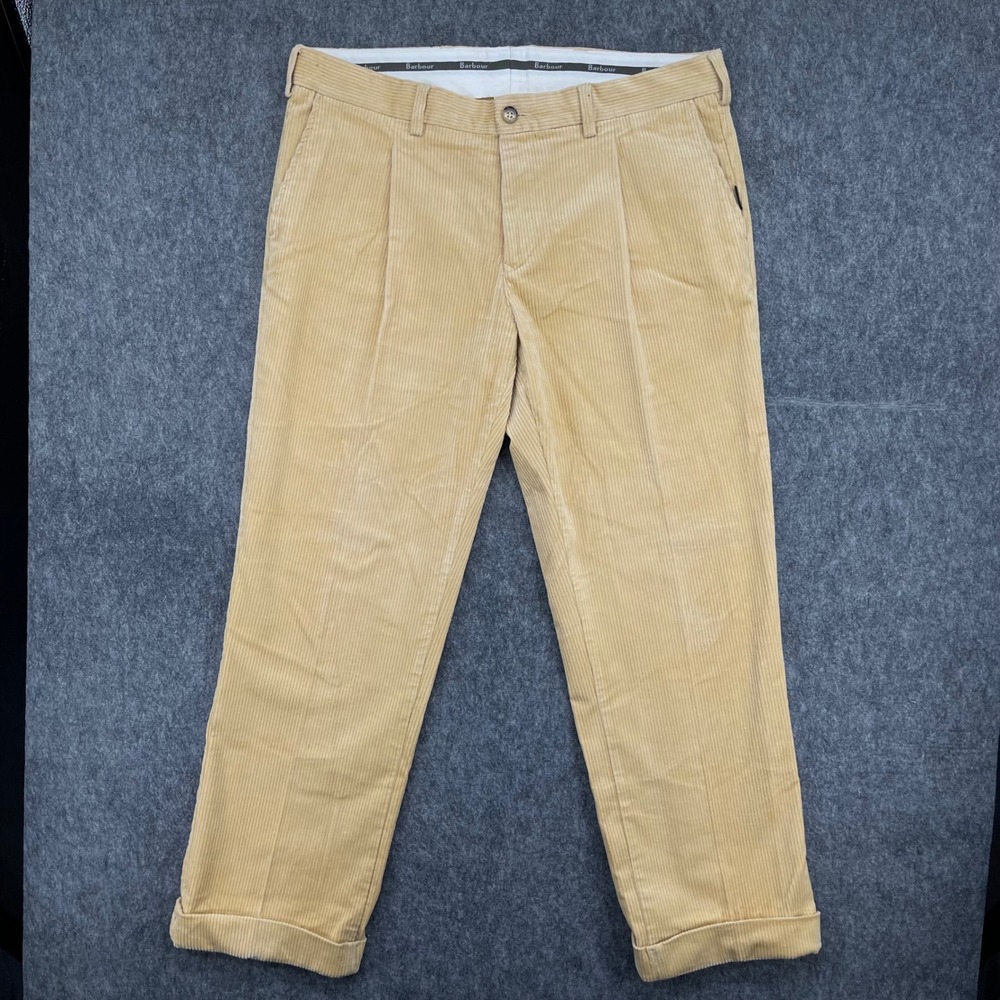 Barbour Corduroy Pants Mens 36x30 Tan Beige Pleated Cuffed Straight Leg Trousers